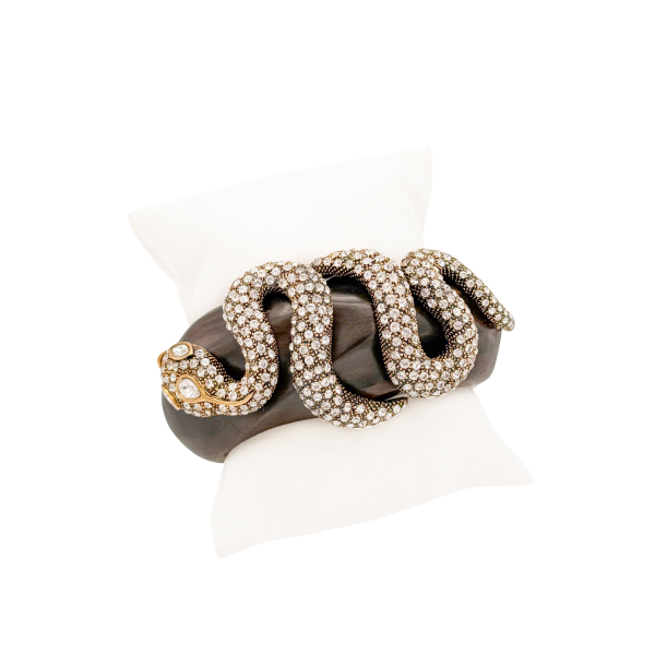 Roberto Cavalli Brown Wood With Crystal Snake Cuff Bracelet