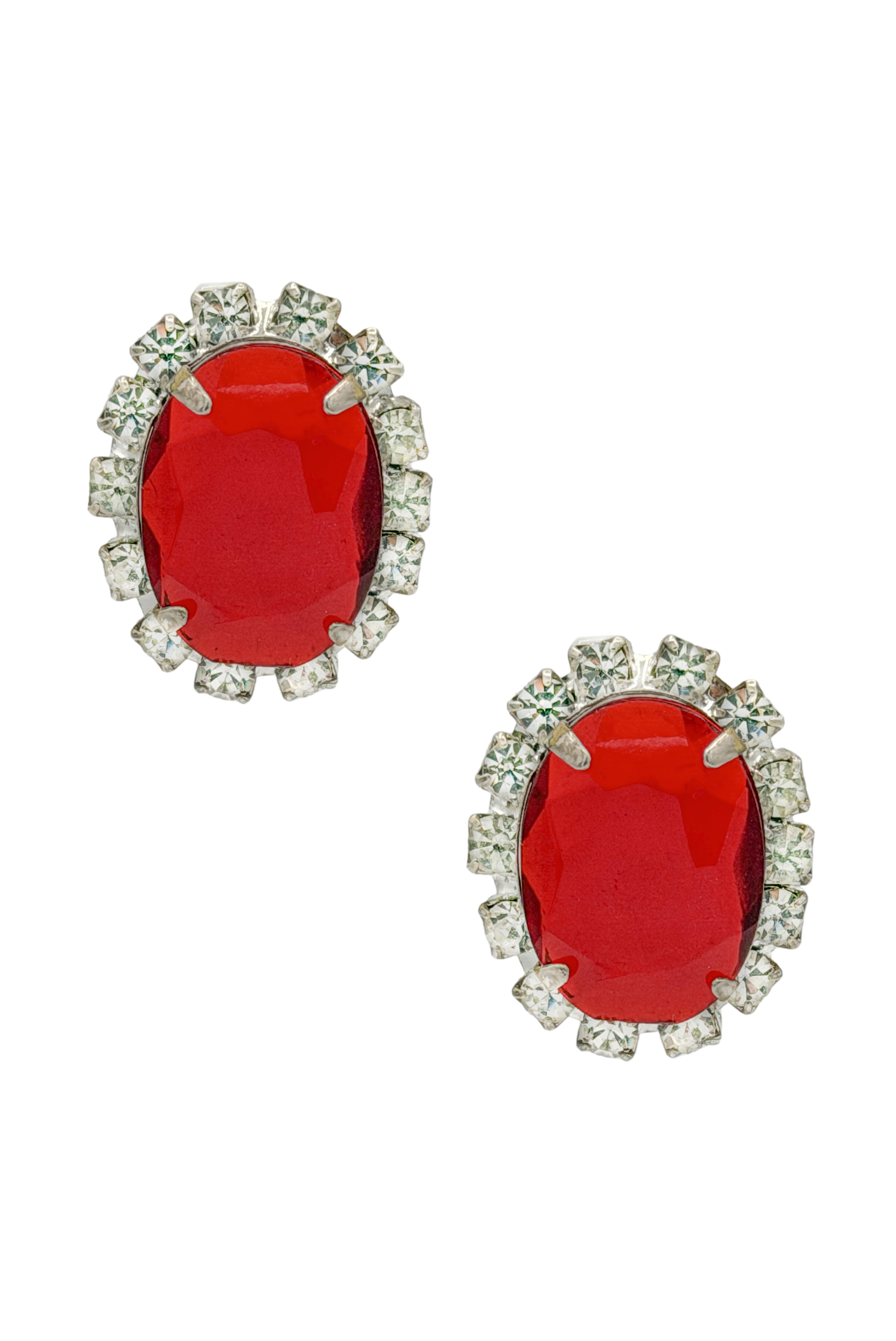 Vintage Red Gemstone W/ Pavé Halo Stud Earrings Vintage Red Gemstone W/ Pavé Halo Stud Earrings