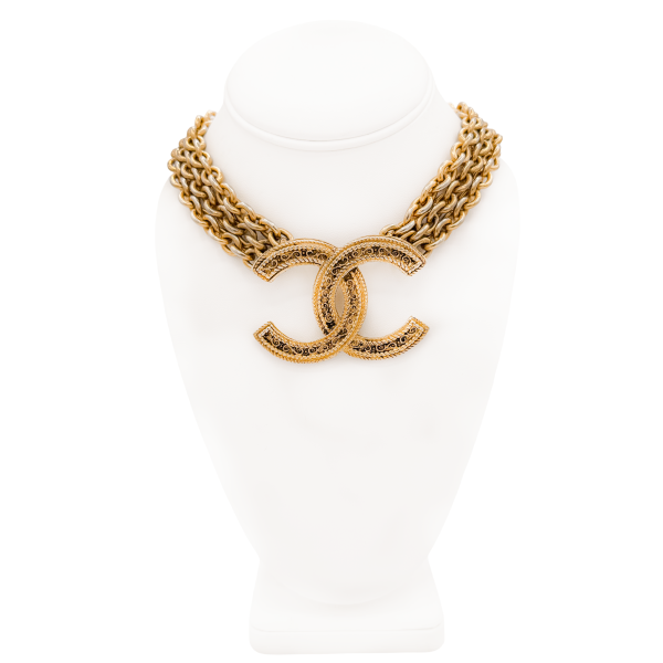 Chanel Gold Three Chain Oversized Logo Pendant Necklace