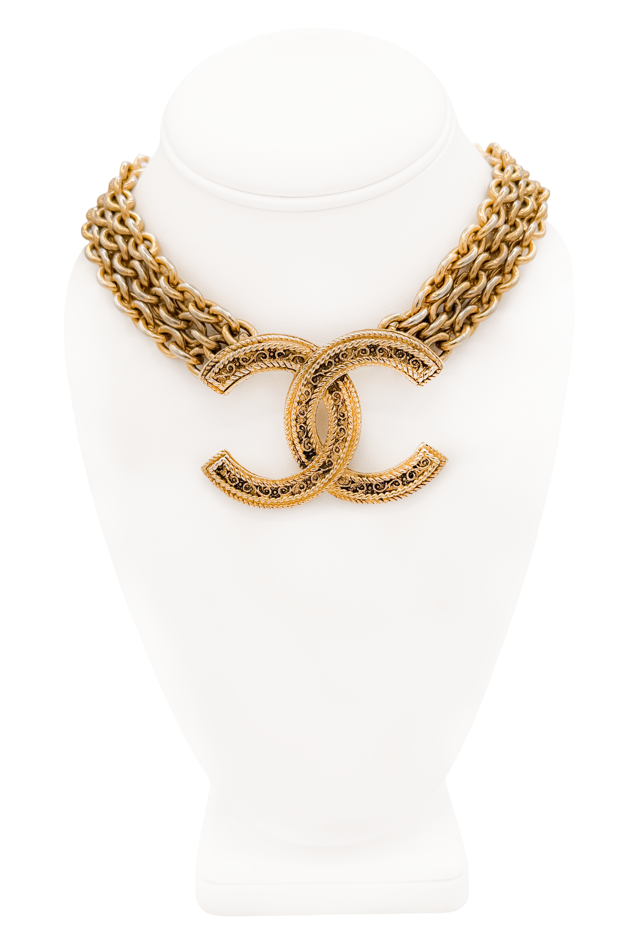 Chanel Gold Three Chain Oversized Logo Pendant Necklace Chanel Gold Three Chain Oversized Logo Pendant Necklace