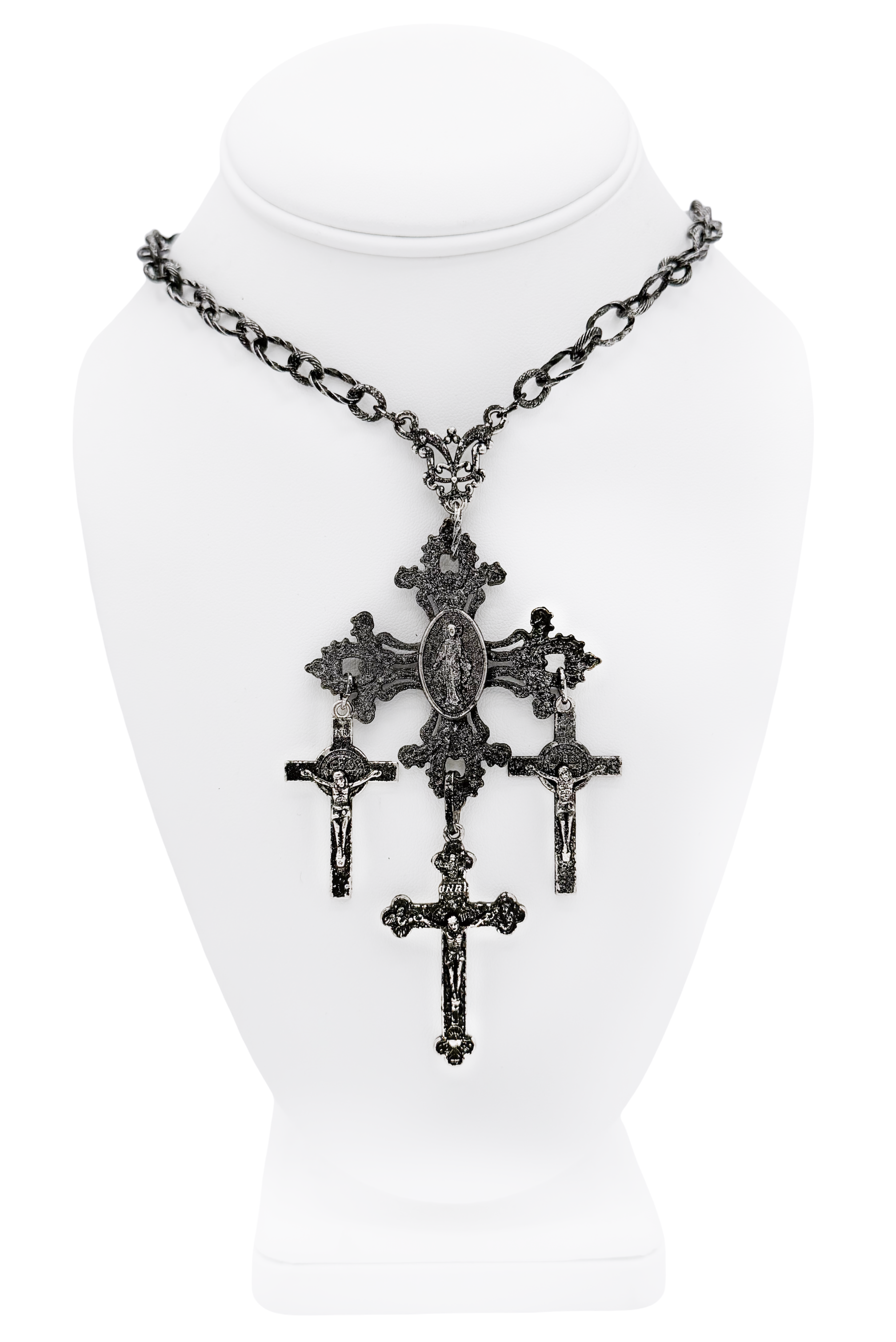 Jean Paul Gaultier Blackened Silver Chain Four Cross Necklace Jean Paul Gaultier Blackened Silver Chain Four Cross Necklace