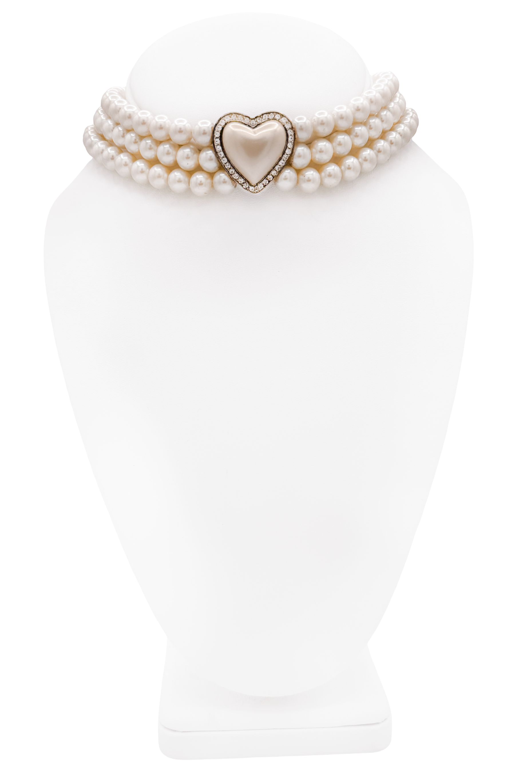 Vintage Three Strand Pearl Heart Pendant Choker Necklace Vintage Three Strand Pearl Heart Pendant Choker Necklace