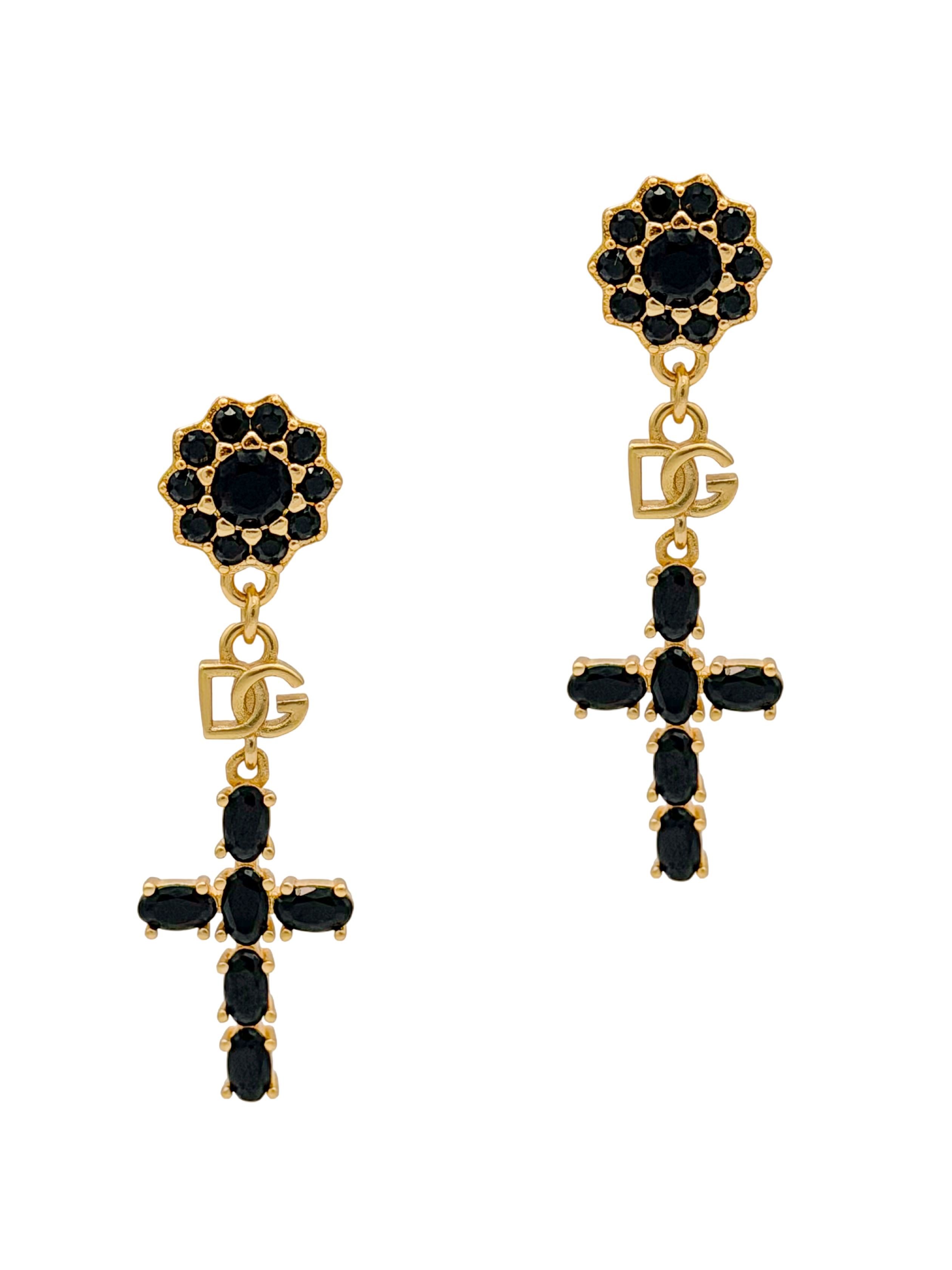 Dolce & Gabanna Gold and Black Rhinestone Flower Cross DG Logo Earrings Dolce & Gabanna Gold and Black Rhinestone Flower Cross DG Logo Earrings
