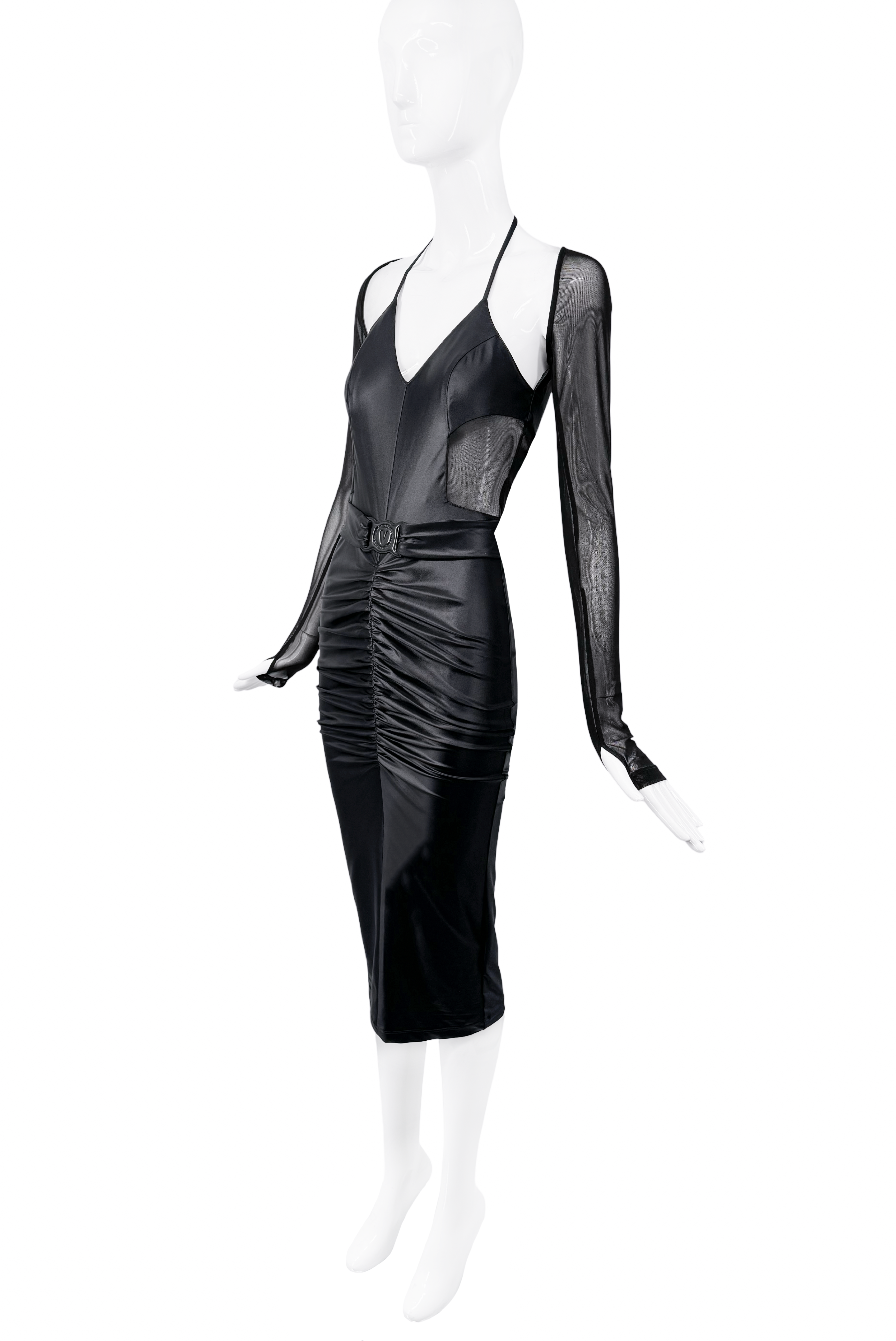 Versace Black Ruched Mesh Sleeves Belt Midi Dress Versace Black Ruched Mesh Sleeves Belt Midi Dress