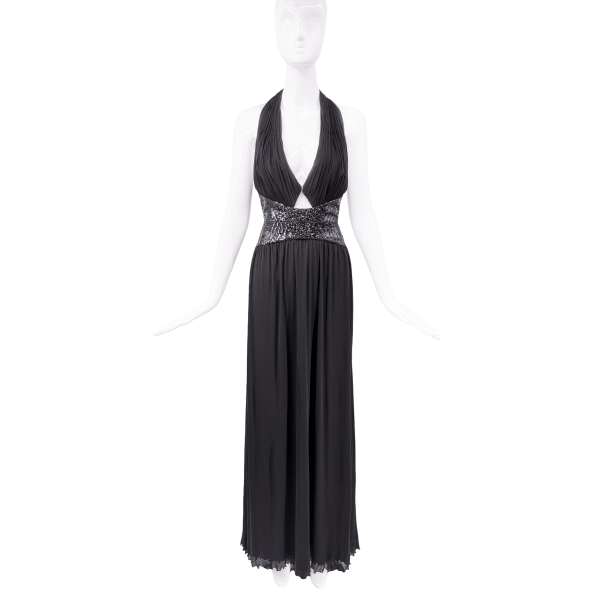 Roberto Cavalli Black Sequin Cut Out Halter Neck Gown