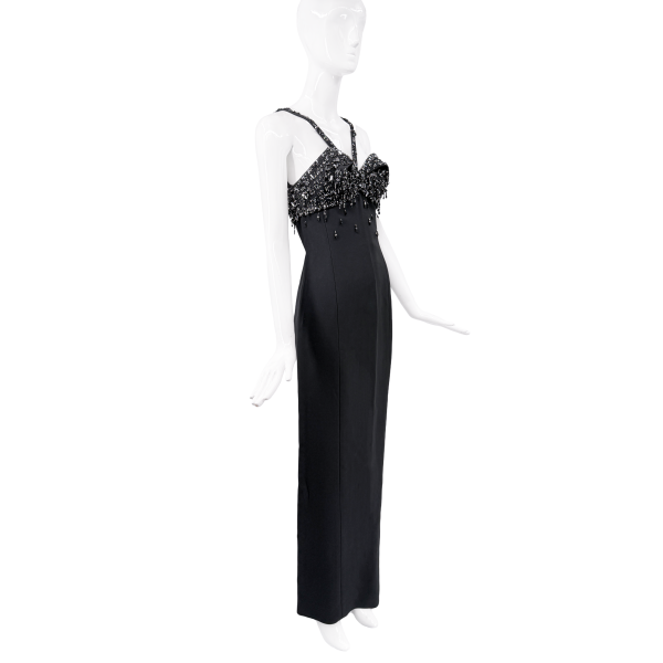 Versace Black Satin Crystal Embellished Dress Gown