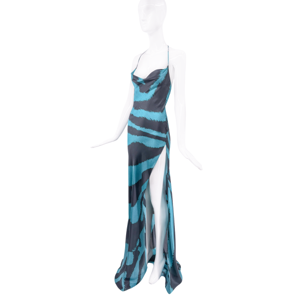 Roberto Cavalli Black & Blue Zebra Print High Slit Gown