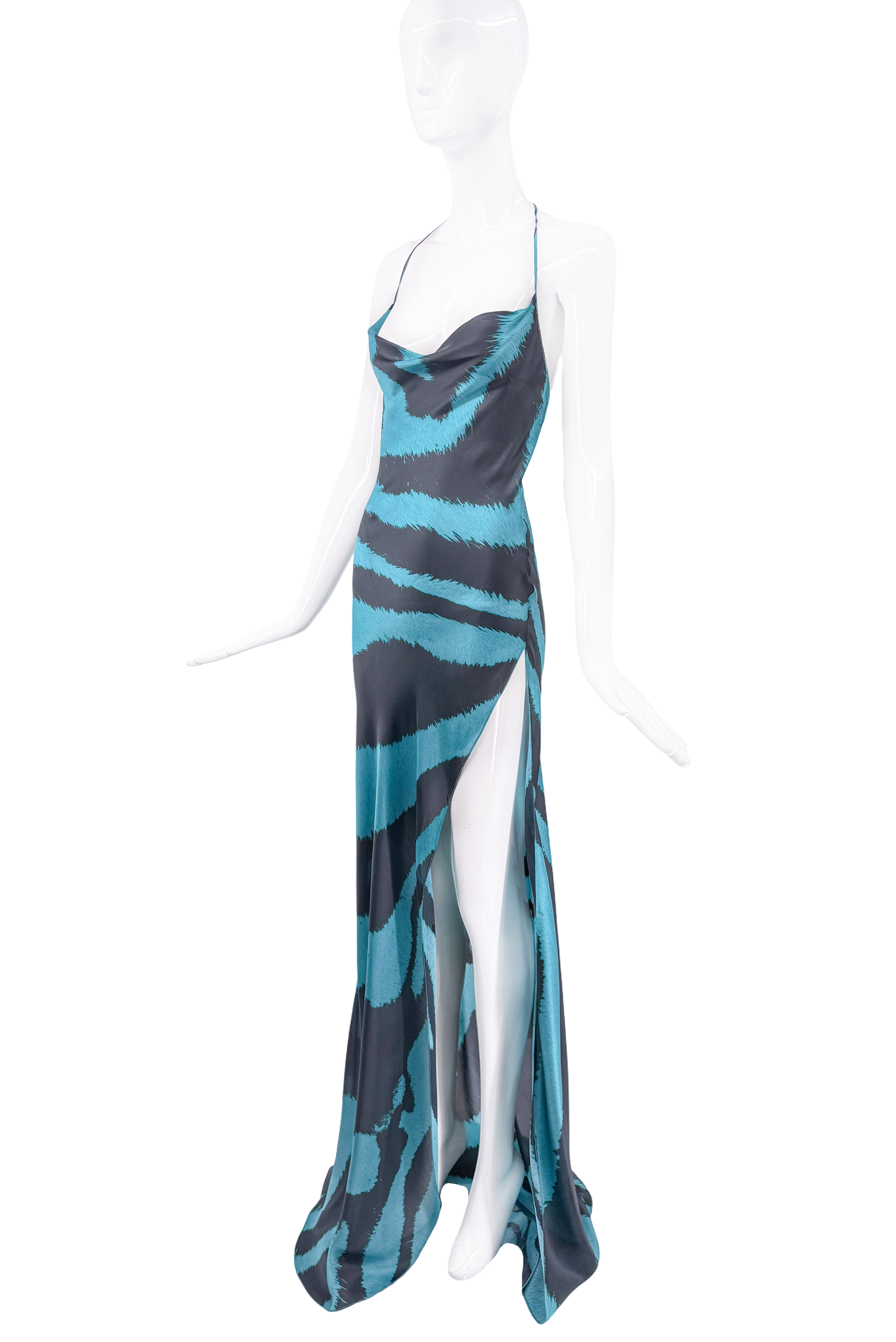 Roberto Cavalli Black & Blue Zebra Print High Slit Gown Roberto Cavalli Black & Blue Zebra Print High Slit Gown