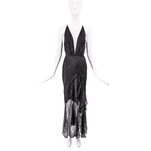 Tom Ford Black Lace Ruffle Plunging V Neck Dress Gown