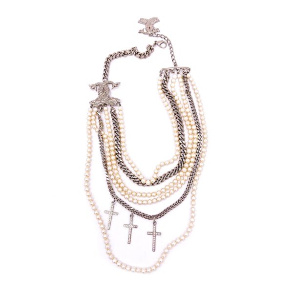 Fausto Puglisi Pearl and Chain Diamanté Cross Necklace