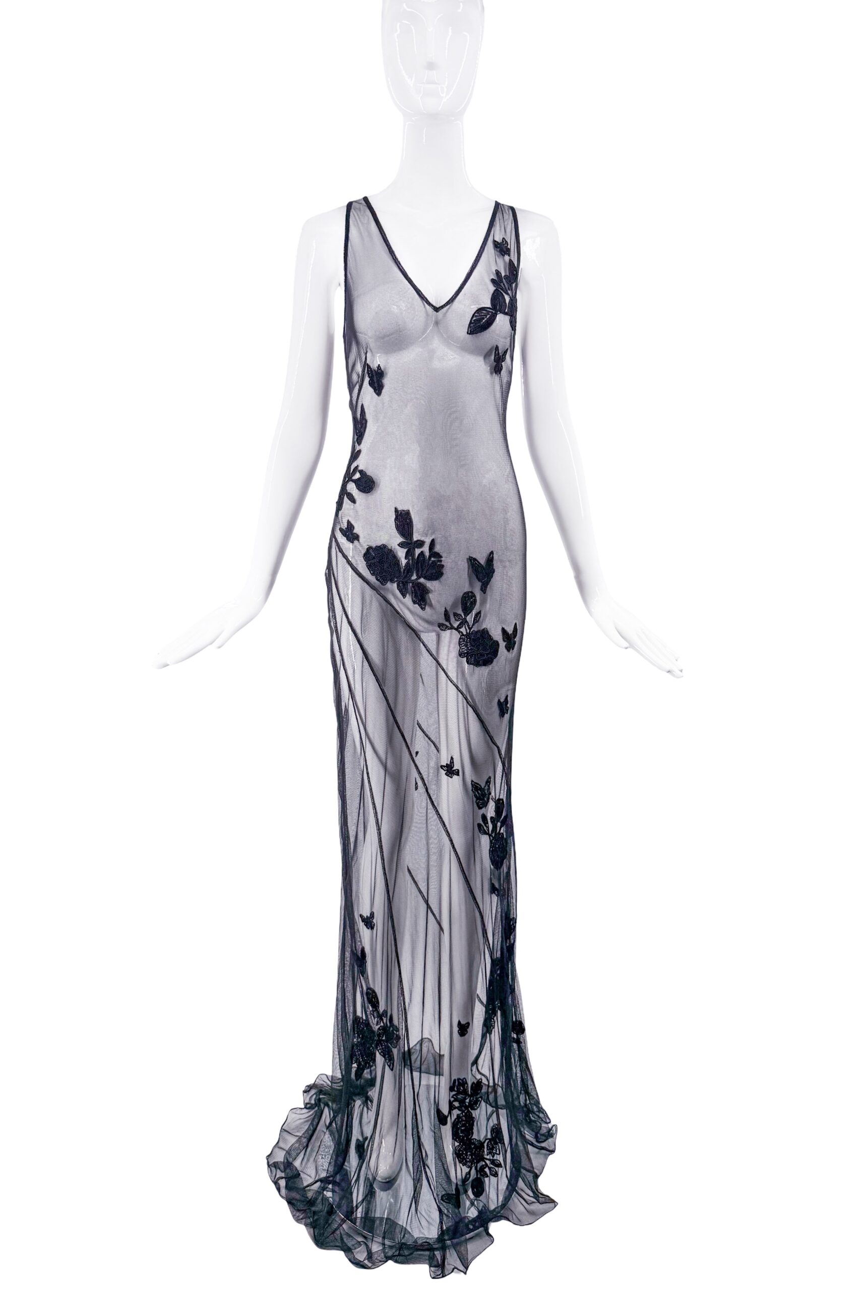 Blumarine Black Mesh Floral Applicate Slip Dress Gown Blumarine Black Mesh Floral Applicate Slip Dress Gown