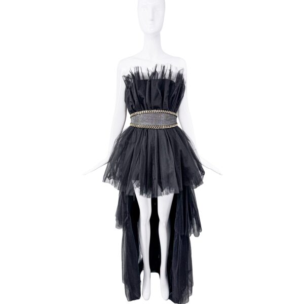Vintage Black Tulle Sleeveless Cascading Train Dress W/ Balmain Belt