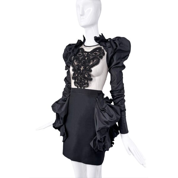 DSquared2 Black Ruffle Mesh Embellished Puff Sleeve Dress