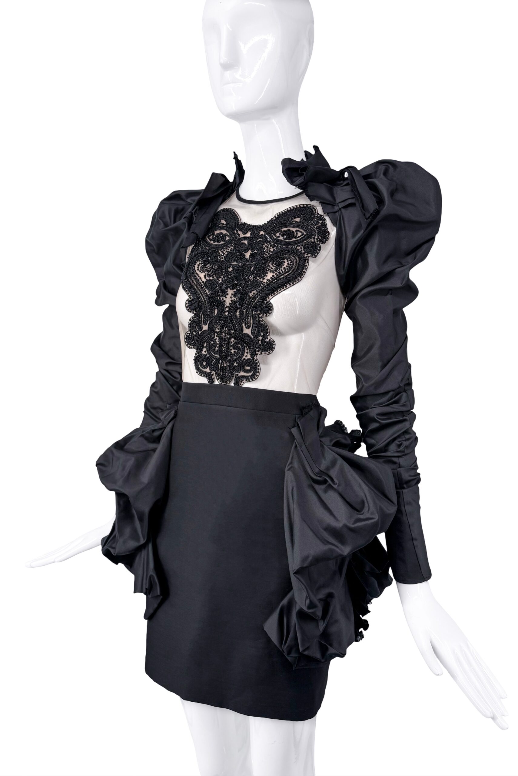 DSquared2 Black Ruffle Mesh Embellished Puff Sleeve Dress DSquared2 Black Ruffle Mesh Embellished Puff Sleeve Dress