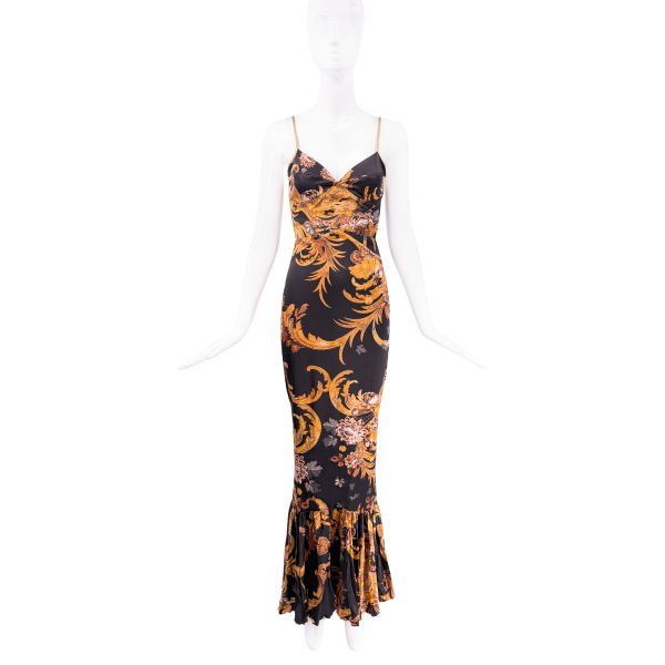Roberto Cavalli Black Gold Multicolor Baroque Floral Print Slip Dress Gown