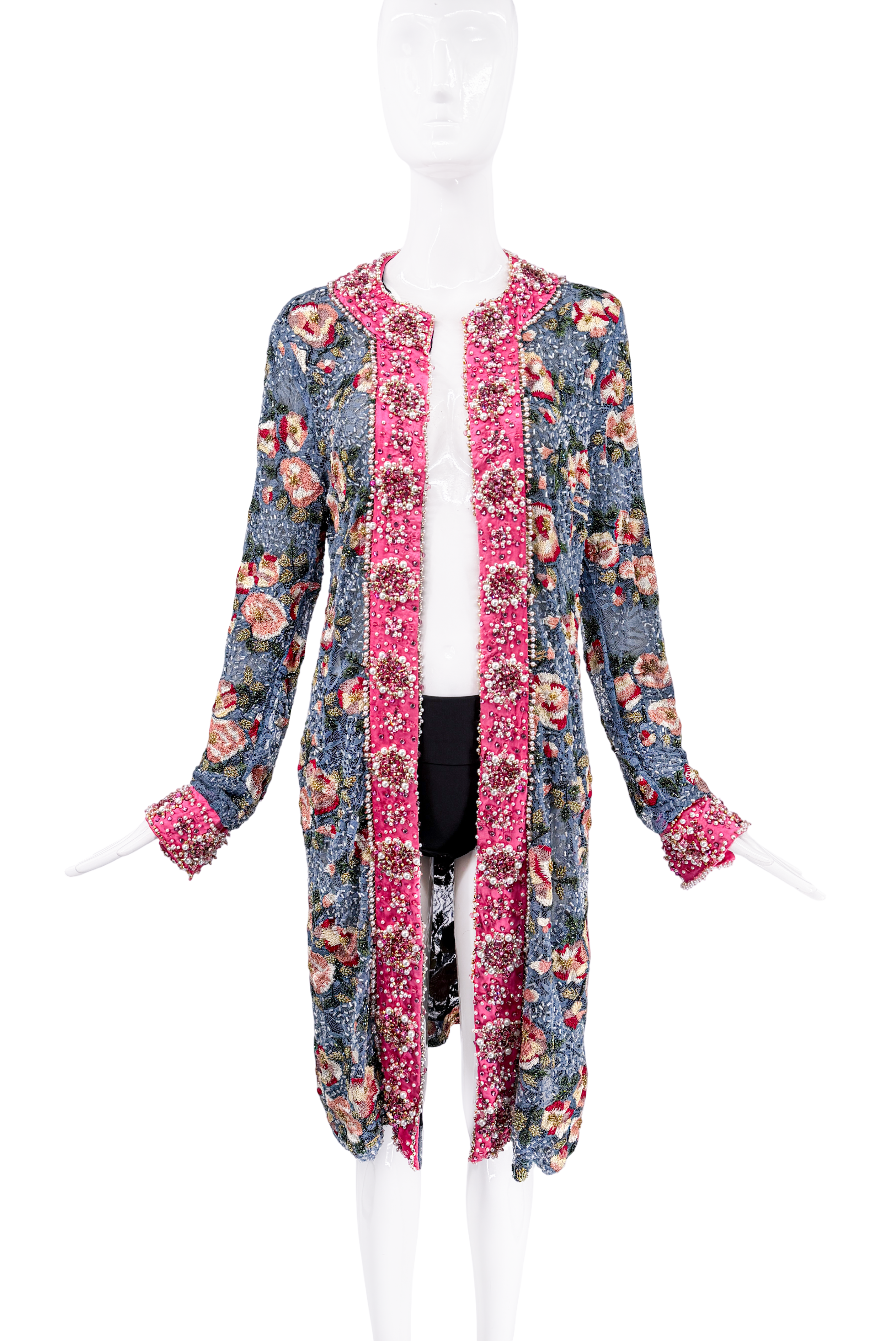 Dolce & Gabbana Blue Pink Multicolor Floral Beaded Jacket Fall 1999 Dolce & Gabbana Blue Pink Multicolor Floral Beaded Jacket Fall 1999