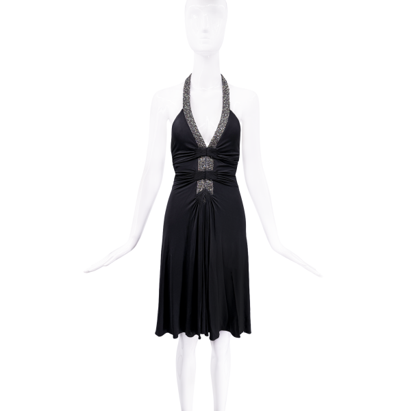Roberto Cavalli Black Beaded Ruched Halter Dress