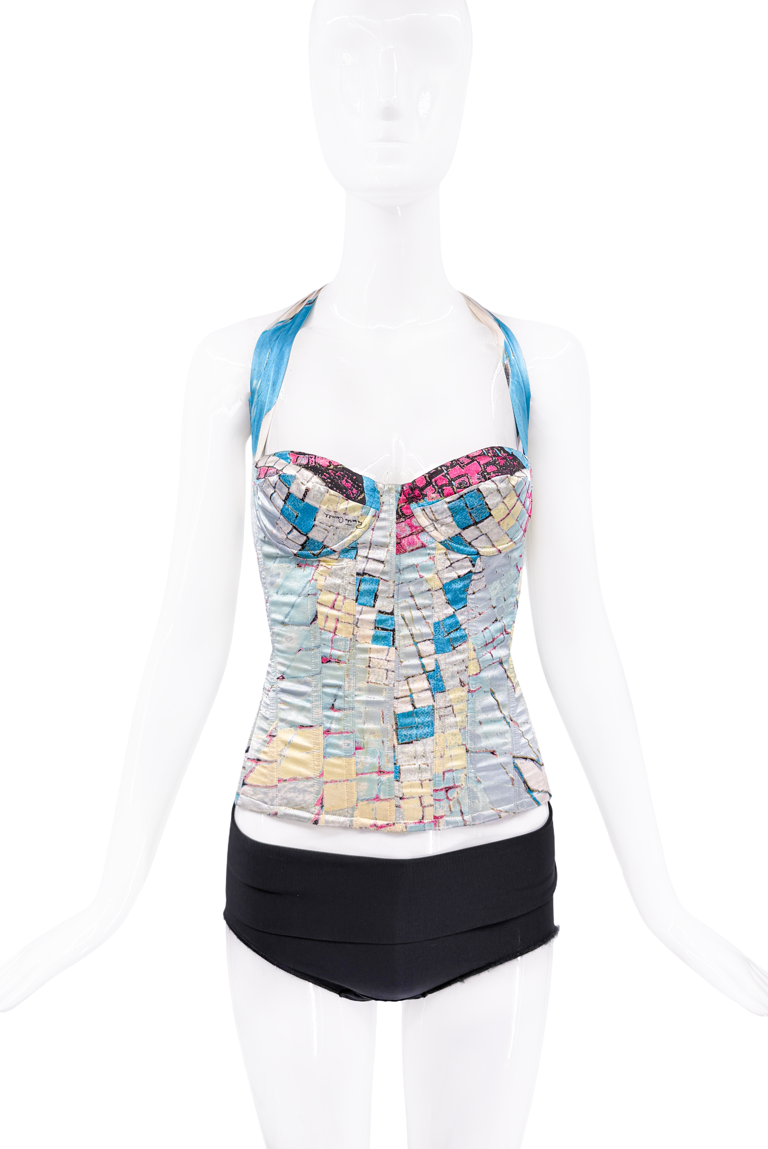 Roberto Cavalli Blue Multicolor Print Halter Corset Top Spring 2004 Roberto Cavalli Blue Multicolor Print Halter Corset Top Spring 2004