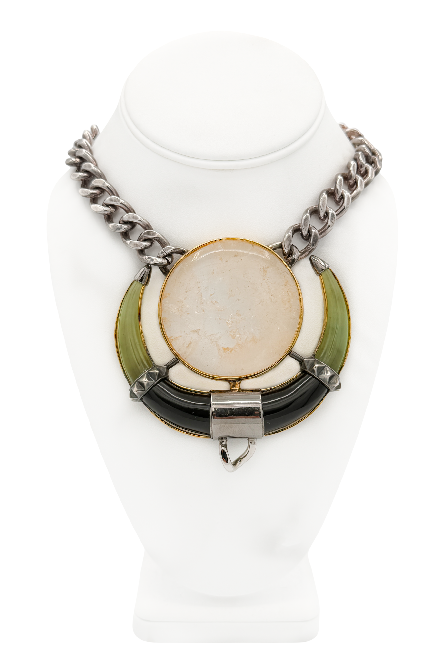 Eddie Borgo Silver Crystal Quartz Jade and Onyx Egyptian Pendant Chain Necklace Eddie Borgo Silver Crystal Quartz Jade and Onyx Egyptian Pendant Chain Necklace