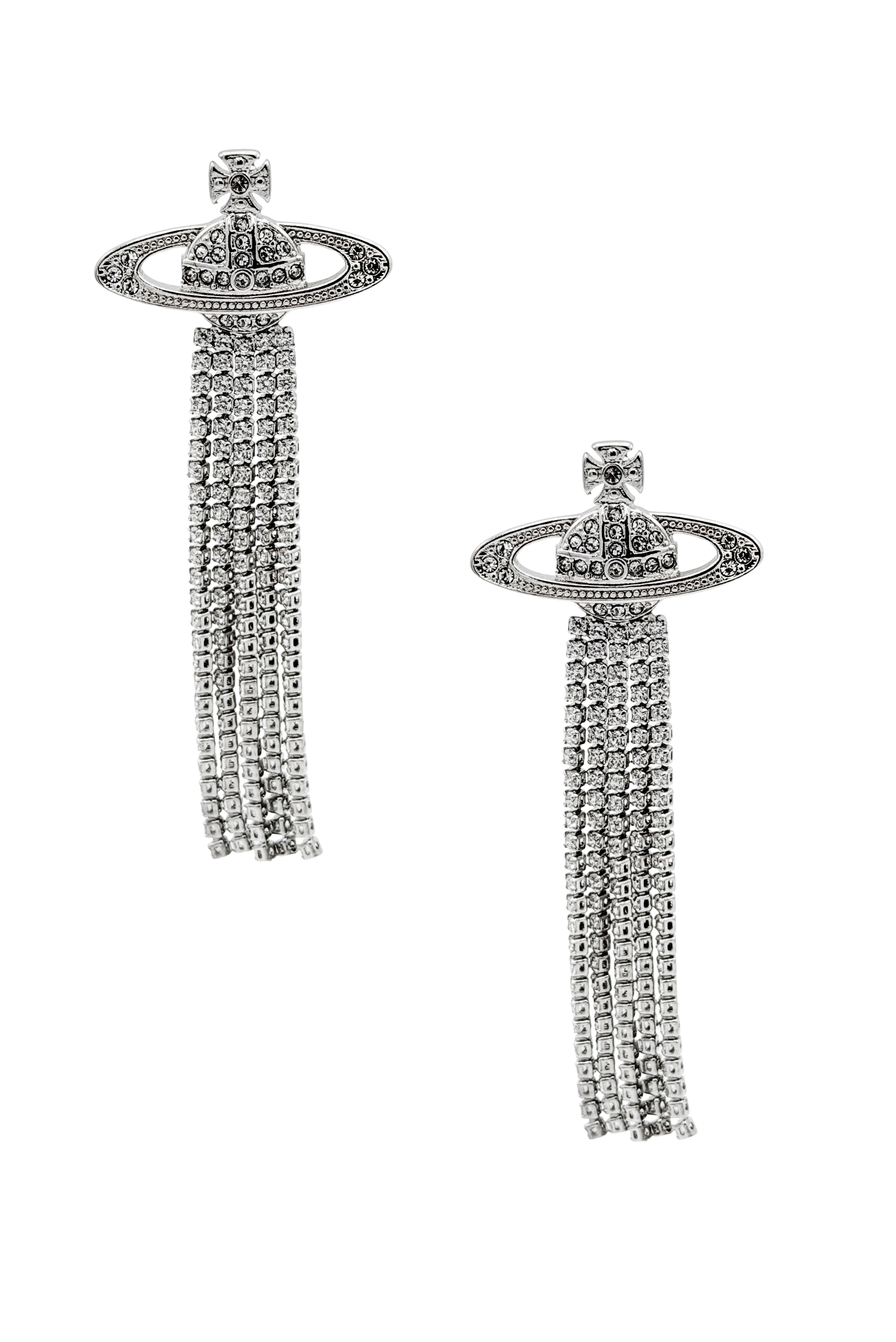 Vivienne Westwood Silver Crystal Logo Orb Fringe Drop Earrings Vivienne Westwood Silver Crystal Logo Orb Fringe Drop Earrings