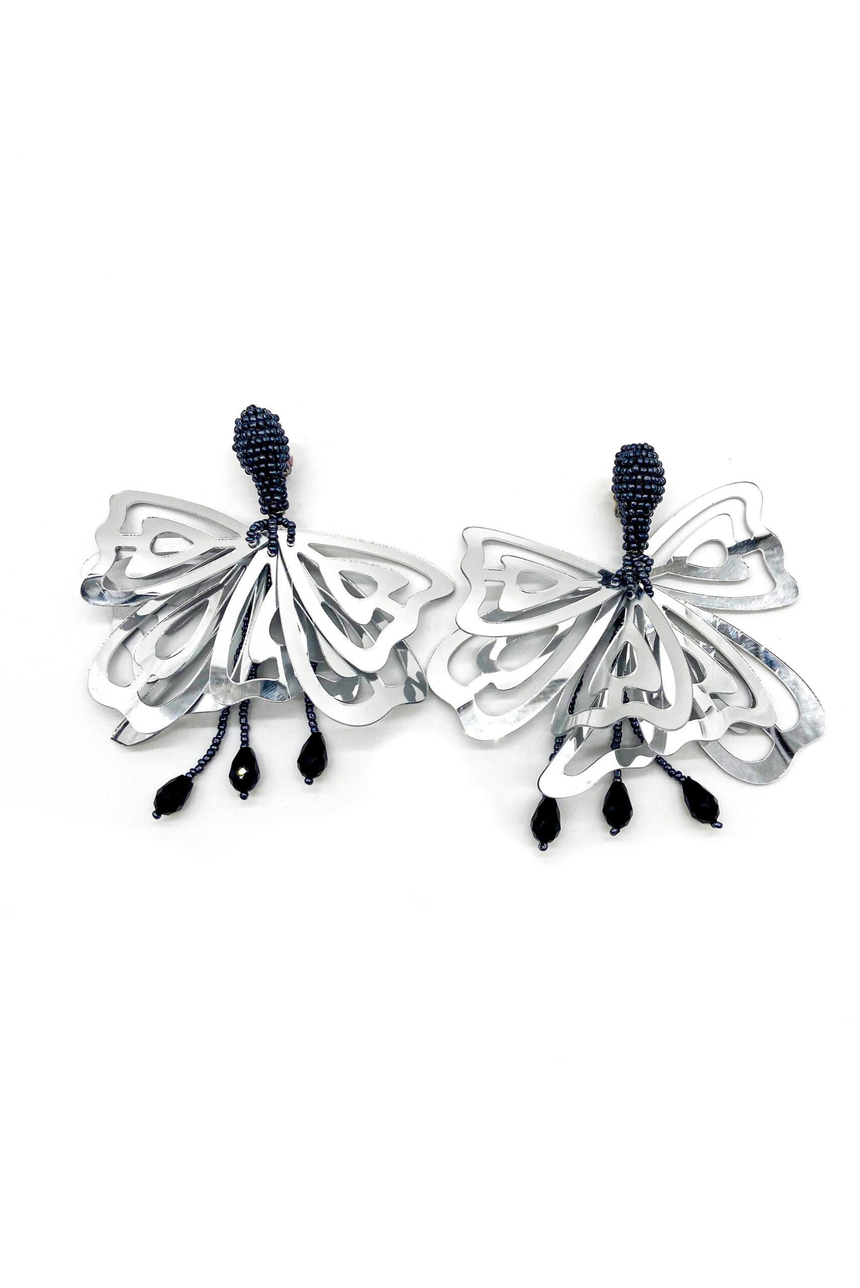Vintage Silver Butterfly Black Beaded Earrings Vintage Silver Butterfly Black Beaded Earrings