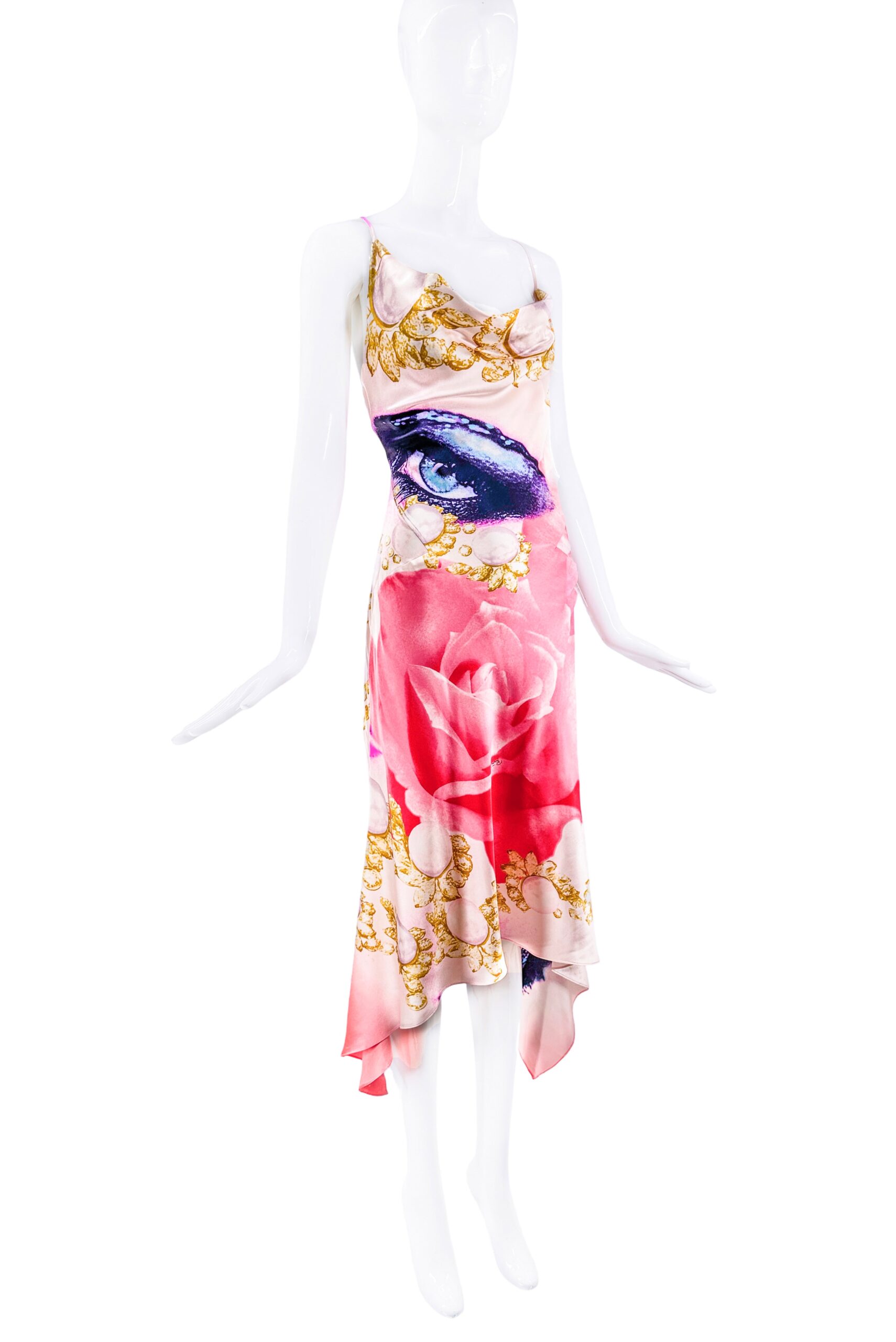 Roberto Cavalli Pink Multi Color Liz Taylor Eye Print Graphic Dress Gown Spring 2001 Roberto Cavalli Pink Multi Color Liz Taylor Eye Print Graphic Dress Gown Spring 2001