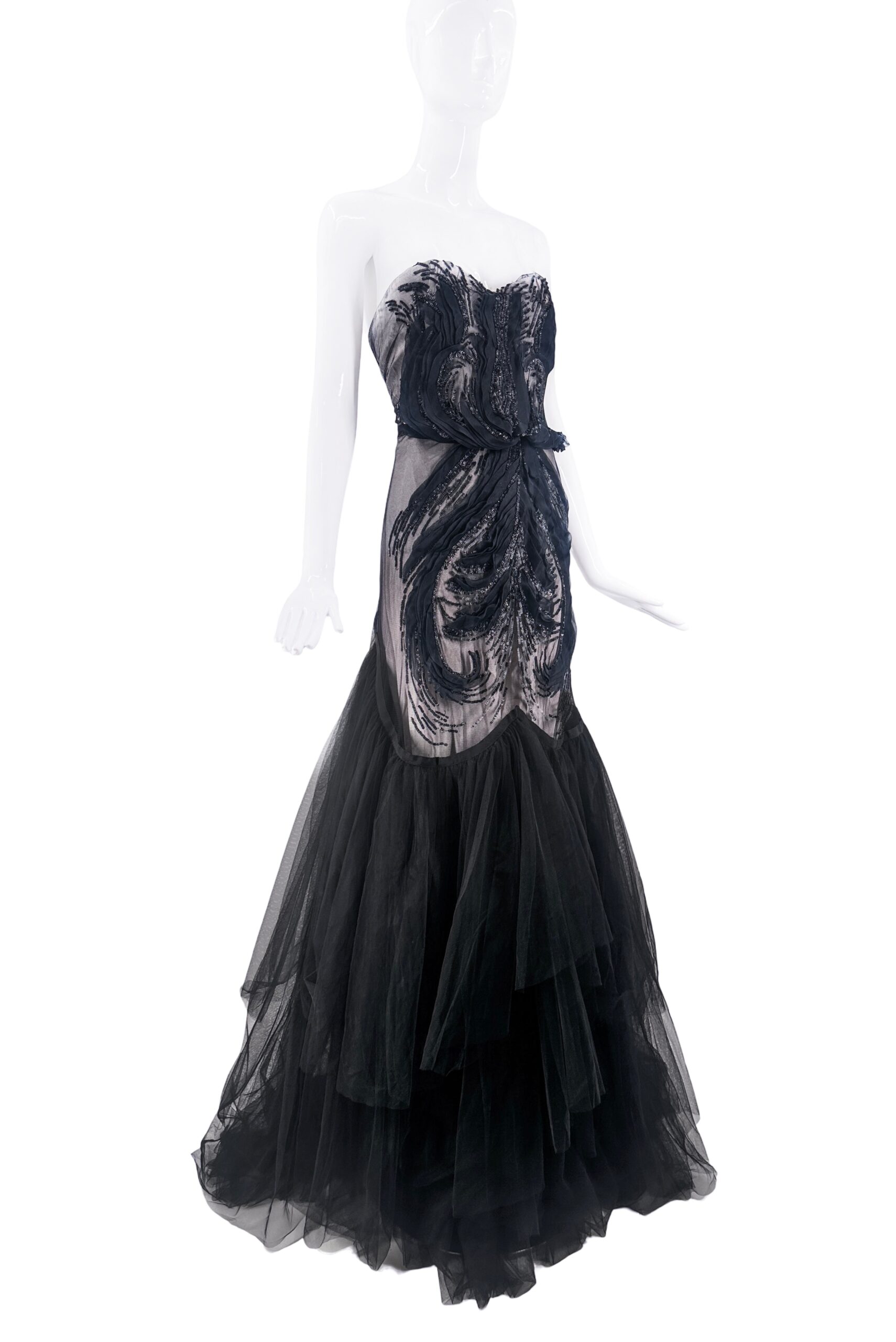 Roberto Cavalli Black Mesh Tulle Bias Cut Mermaid Gown Roberto Cavalli Black Mesh Tulle Bias Cut Mermaid Gown
