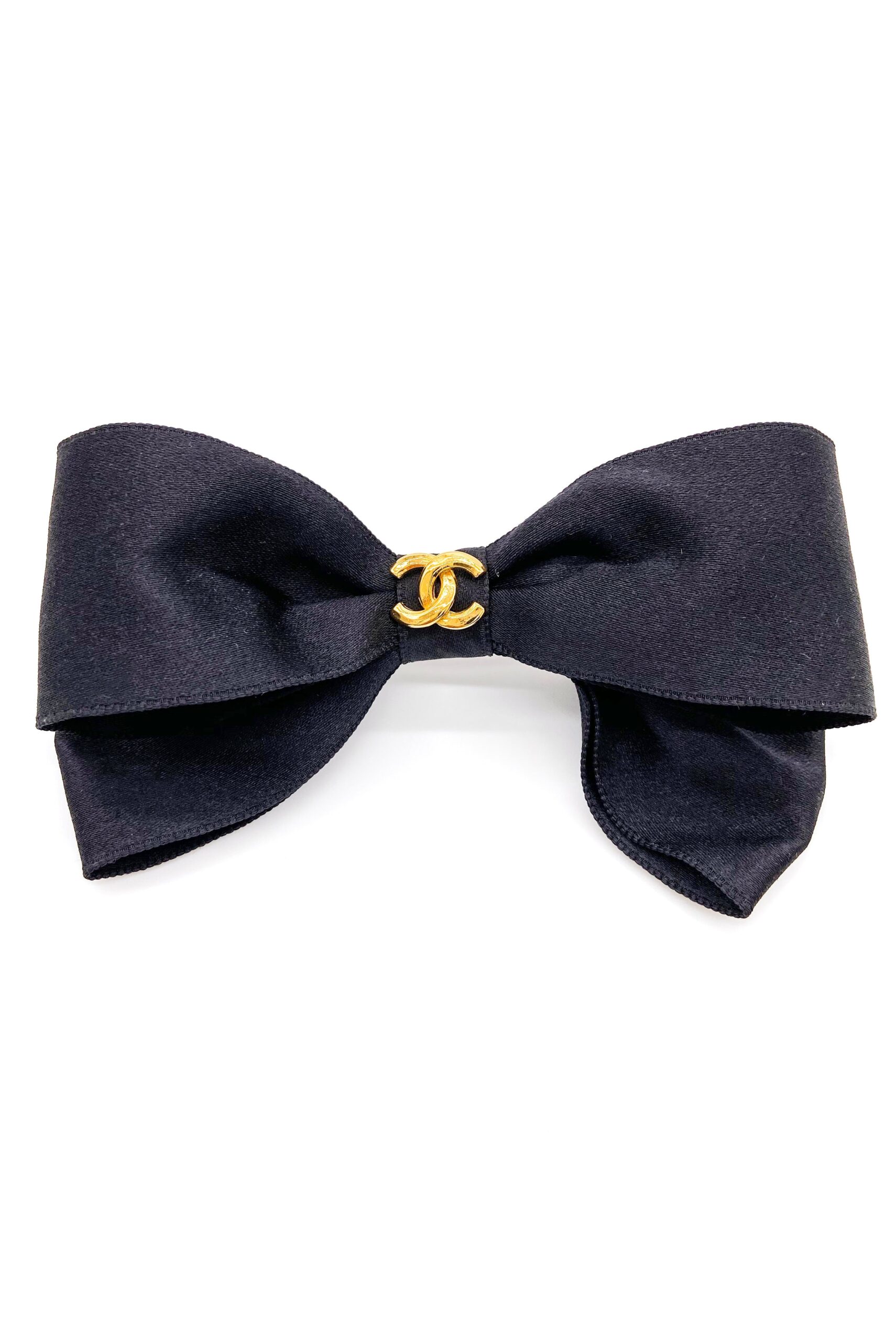 Chanel “Heathers” Satin & Chiffon Hair Bow with Gold CC Logo Chanel “Heathers” Satin & Chiffon Hair Bow with Gold CC Logo