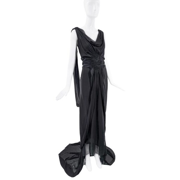 Margiela by Galliano Black Chiffon Embellished Drape Cascading Gown