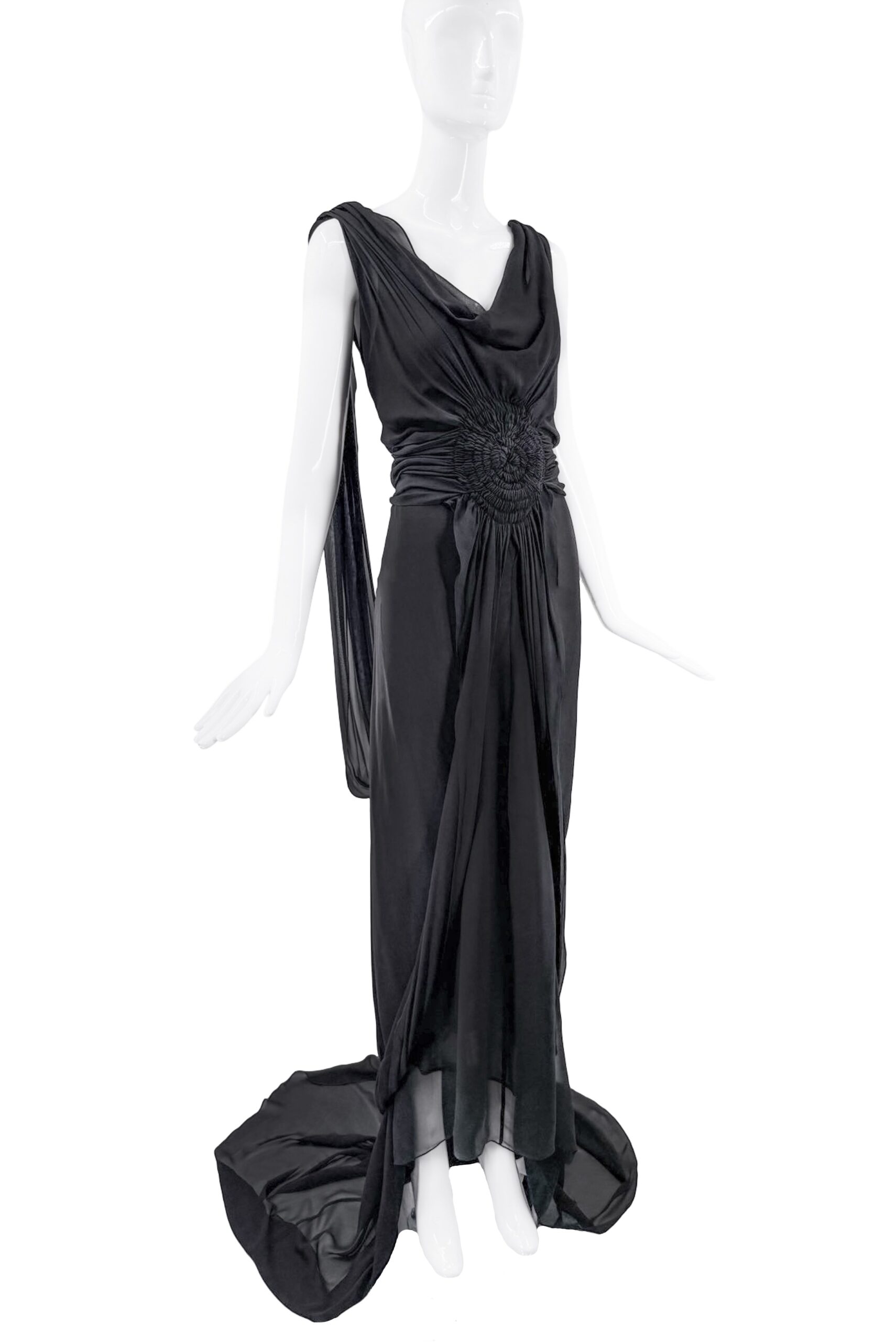 Margiela by Galliano Black Chiffon Embellished Drape Cascading Gown Margiela by Galliano Black Chiffon Embellished Drape Cascading Gown