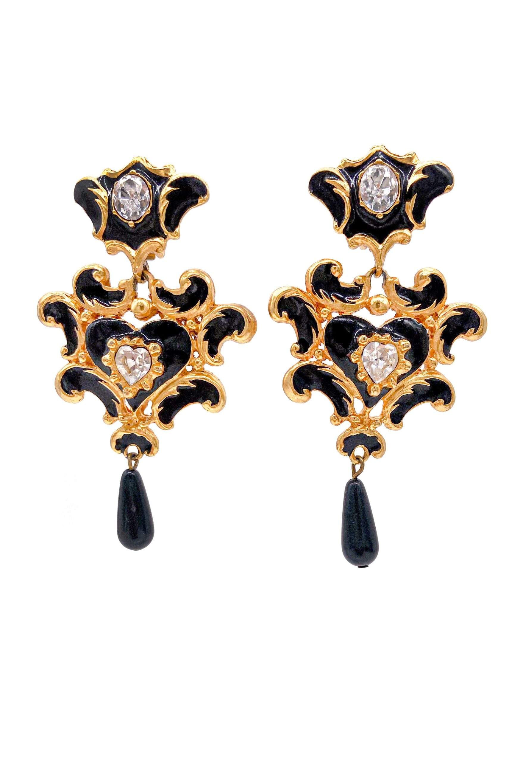 Christian Lacroix Gold Baroque Black Enamel and Diamond Earrings Eté 1994 Christian Lacroix Gold Baroque Black Enamel and Diamond Earrings Eté 1994