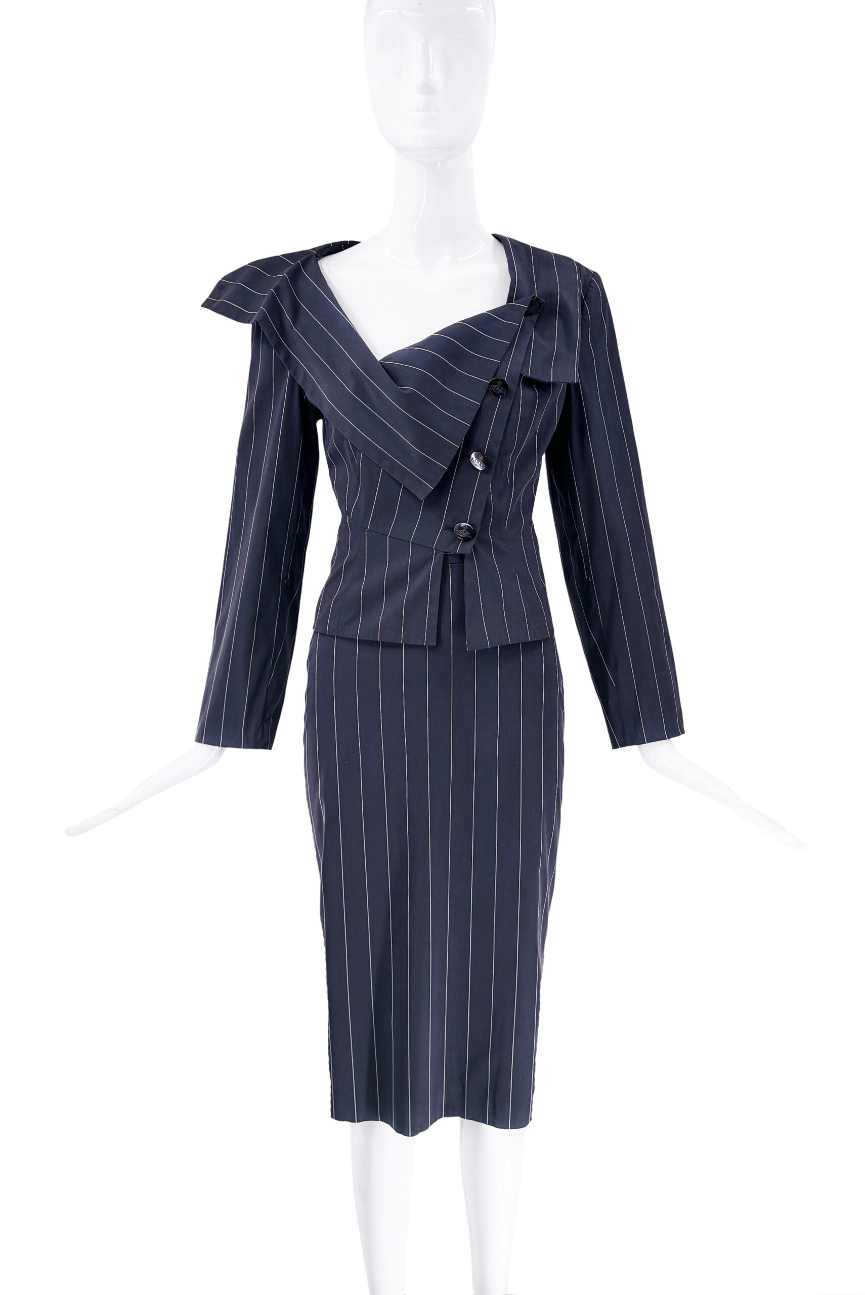 Vivienne Westwood Navy Blue Pinstripe Blazer & Skirt Set Worn by Carrie Bradshaw Drunk At Vogue Vivienne Westwood Navy Blue Pinstripe Blazer & Skirt Set Worn by Carrie Bradshaw Drunk At Vogue
