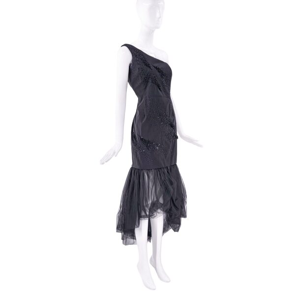 Nina Ricci Black Sequin Embellished One Shoulder Tulle Gown