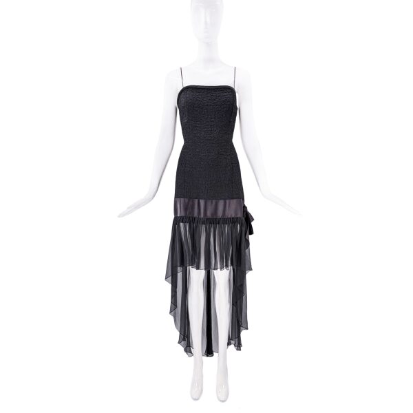 Saint Laurent Black Textural Mesh Waterfall Bow Dress