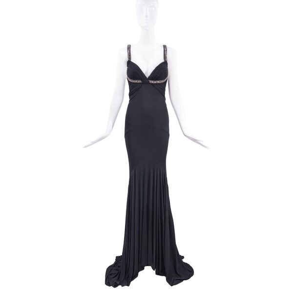 Roberto Cavalli Black Crystal Bias Cut Pleated Gown