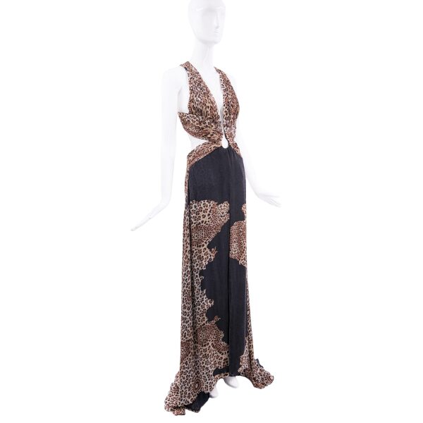 Roberto Cavalli Black and Brown Leopard Print Cut Out Backless Gown