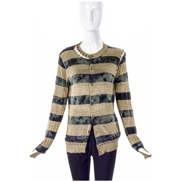 Junya Watanabe Gold Lurex and Tie-dye Green Stripe Cardigan with Antique Gold Safety Pin Details
