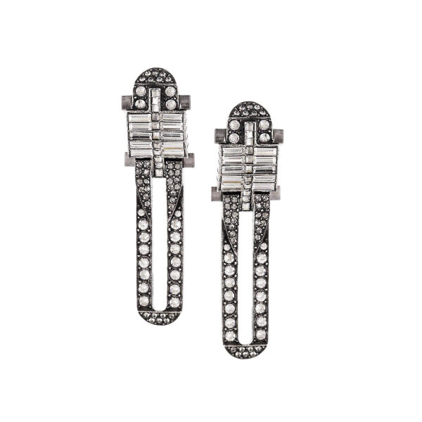 Lanvin Dedale Silver Gunmetal Crystal Art Deco Earrings