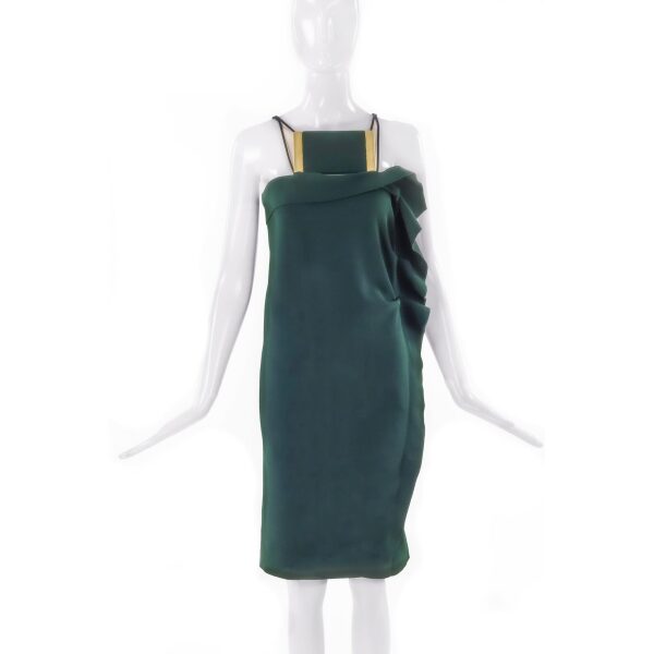 Lanvin Deep Forest Green Wool Dress with Brass Bust Detail