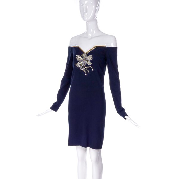 Lanvin Navy Blue Crystal Flower Off-Shoulder Cocktail Dress FW2011