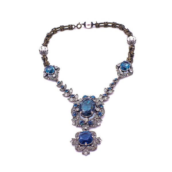 Lanvin Crystal and Sapphire Blue Costume Necklace with Geometric Crystal Pendent