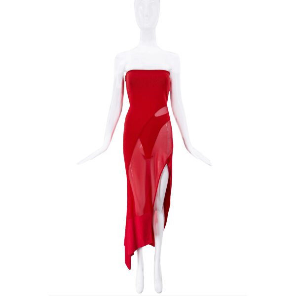 Mugler Red Sheer Cut Out Bustier Body Dress Gown