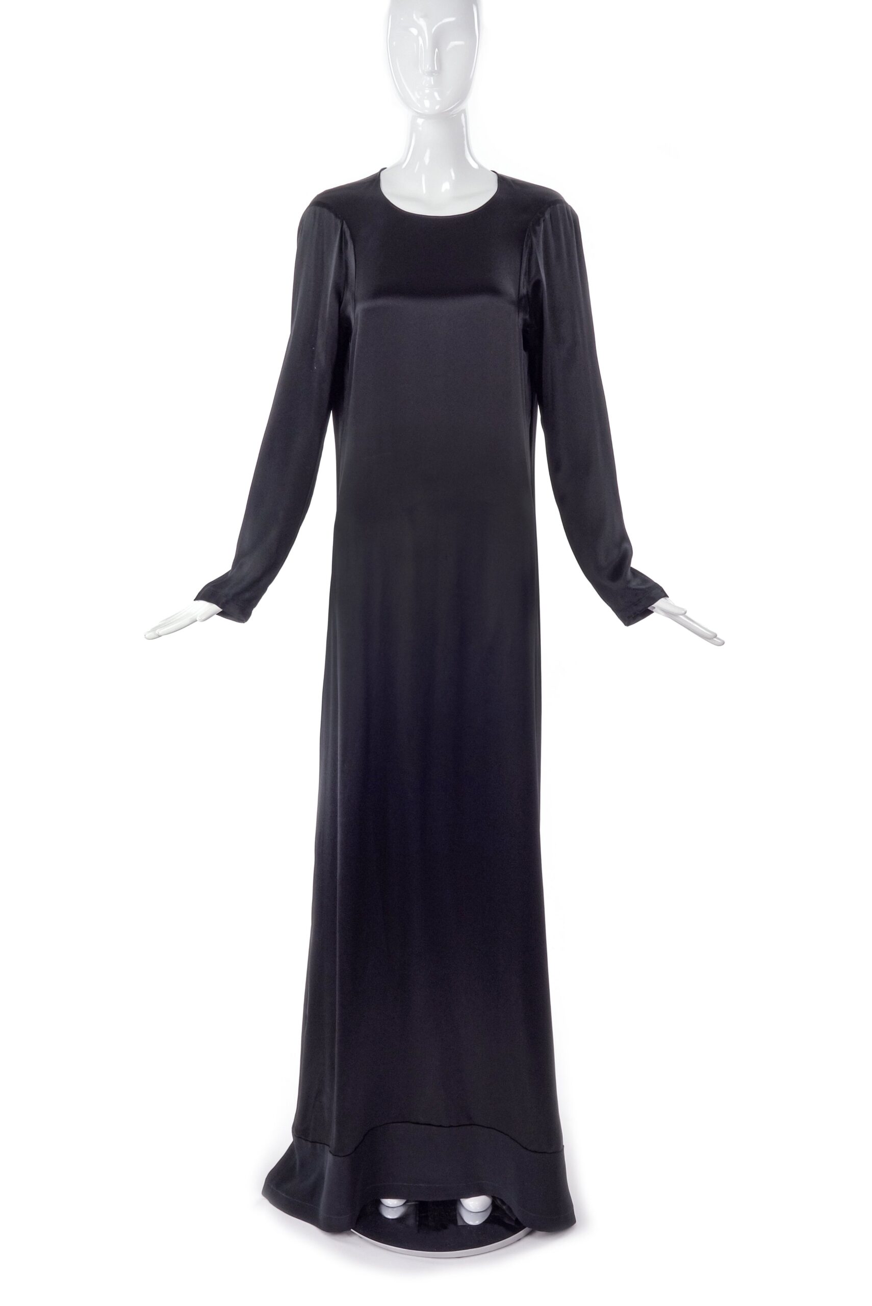 Maison Margiela Black Long Satin Dress Gown with Circle Shoulder Details Lay Flat 1998 Maison Margiela Black Long Satin Dress Gown with Circle Shoulder Details Lay Flat 1998