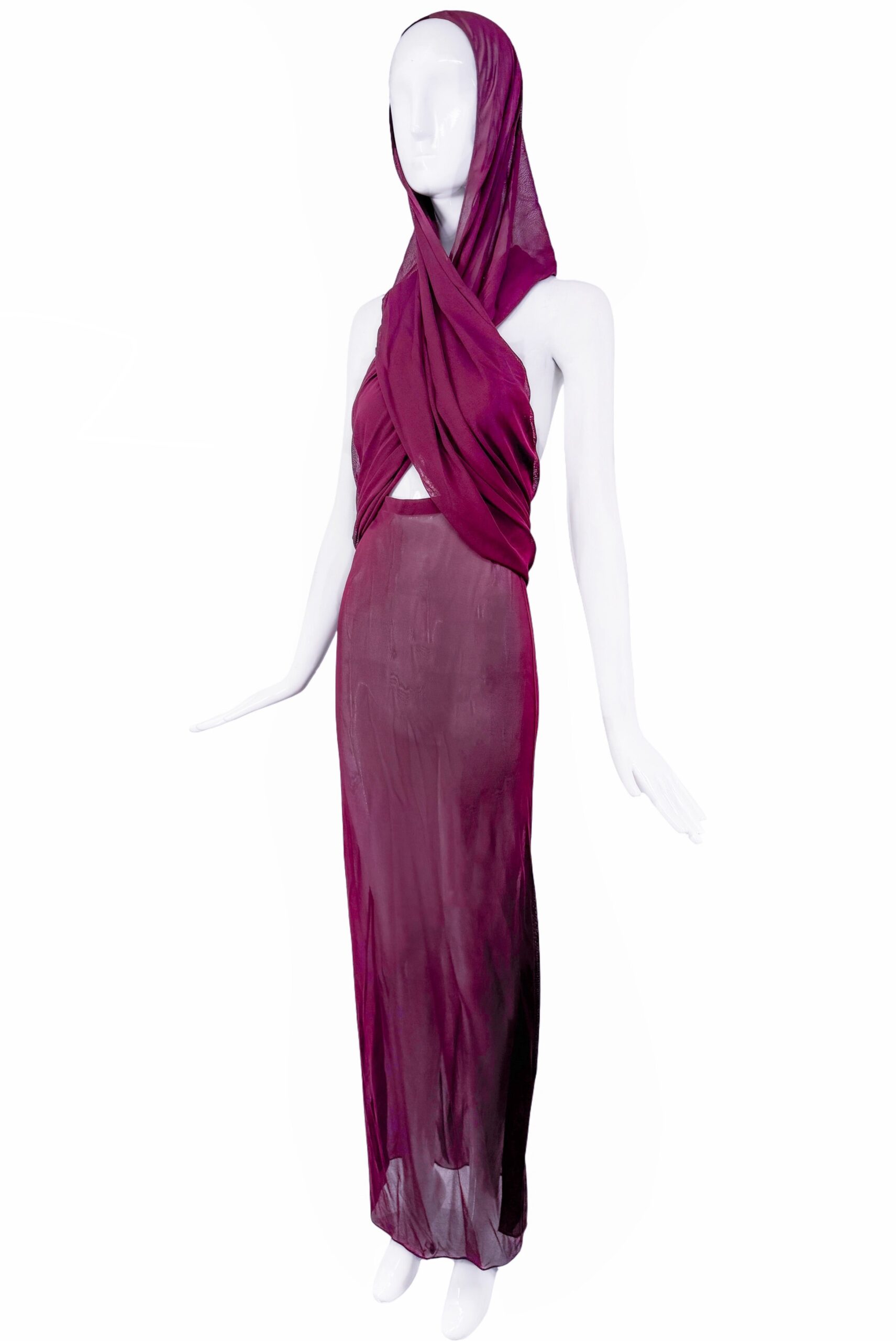 Saint Laurent Maroon Red Purple Sheer Hooded Cut Out Dress Gown Saint Laurent Maroon Red Purple Sheer Hooded Cut Out Dress Gown