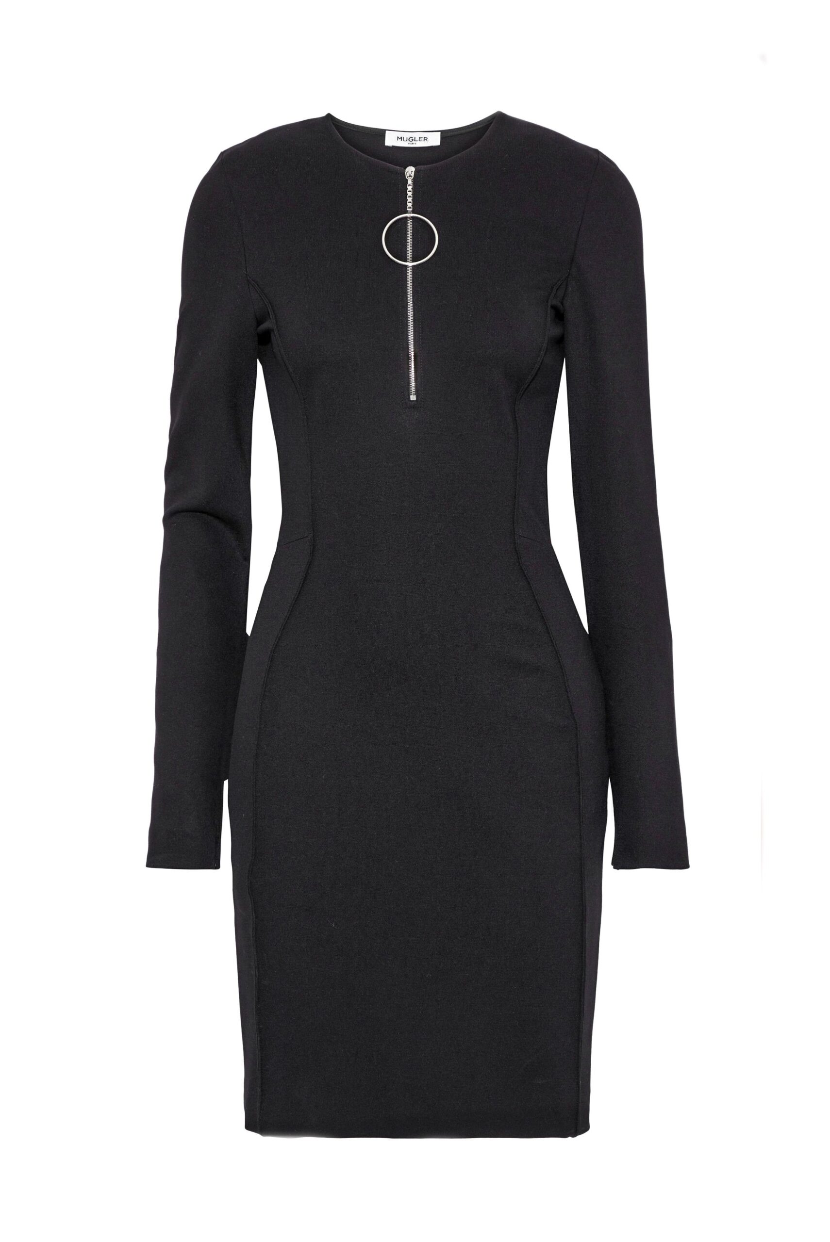 Mugler Black Jersey Bodycon Dress with Round Zipper Detail Mugler Black Jersey Bodycon Dress with Round Zipper Detail