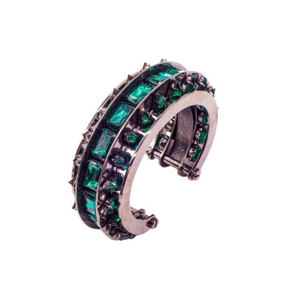 Roberto Cavalli Emerald Green and Stud Gunmetal Cuff Bracelet