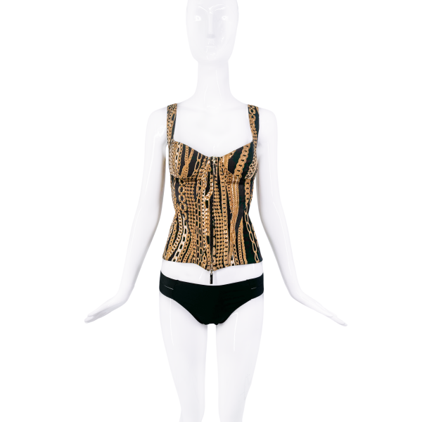 Roberto Cavalli Black and Gold Chain Print Corset Top
