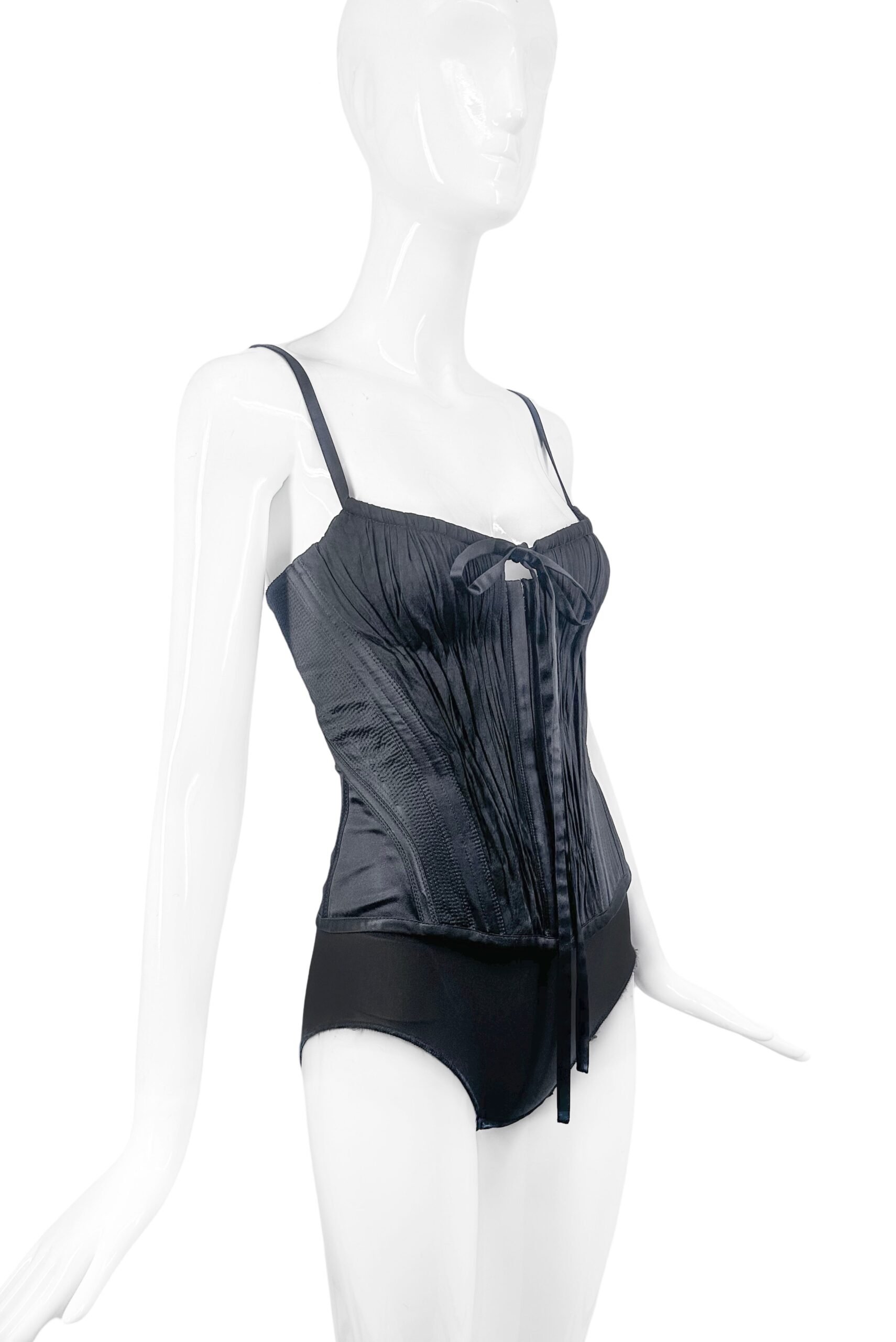 Roberto Cavalli Black Satin Bow Ruched Details Runway Corset 2003/2004 Roberto Cavalli Black Satin Bow Ruched Details Runway Corset 2003/2004