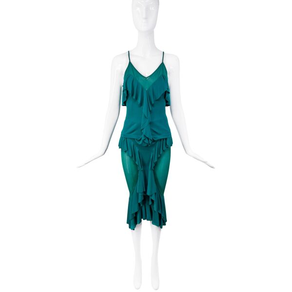 Saint Laurent Teal Green Ruffle Dress Top Skirt 2004