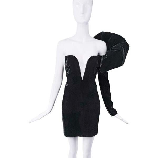 Saint Laurent Black Velvet Puffy Sleeve Deep V Cut Out Dress